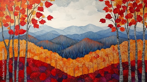 Autumn foliage in fall season. Red autumn landscapes in fall, trees and mountains of New England.