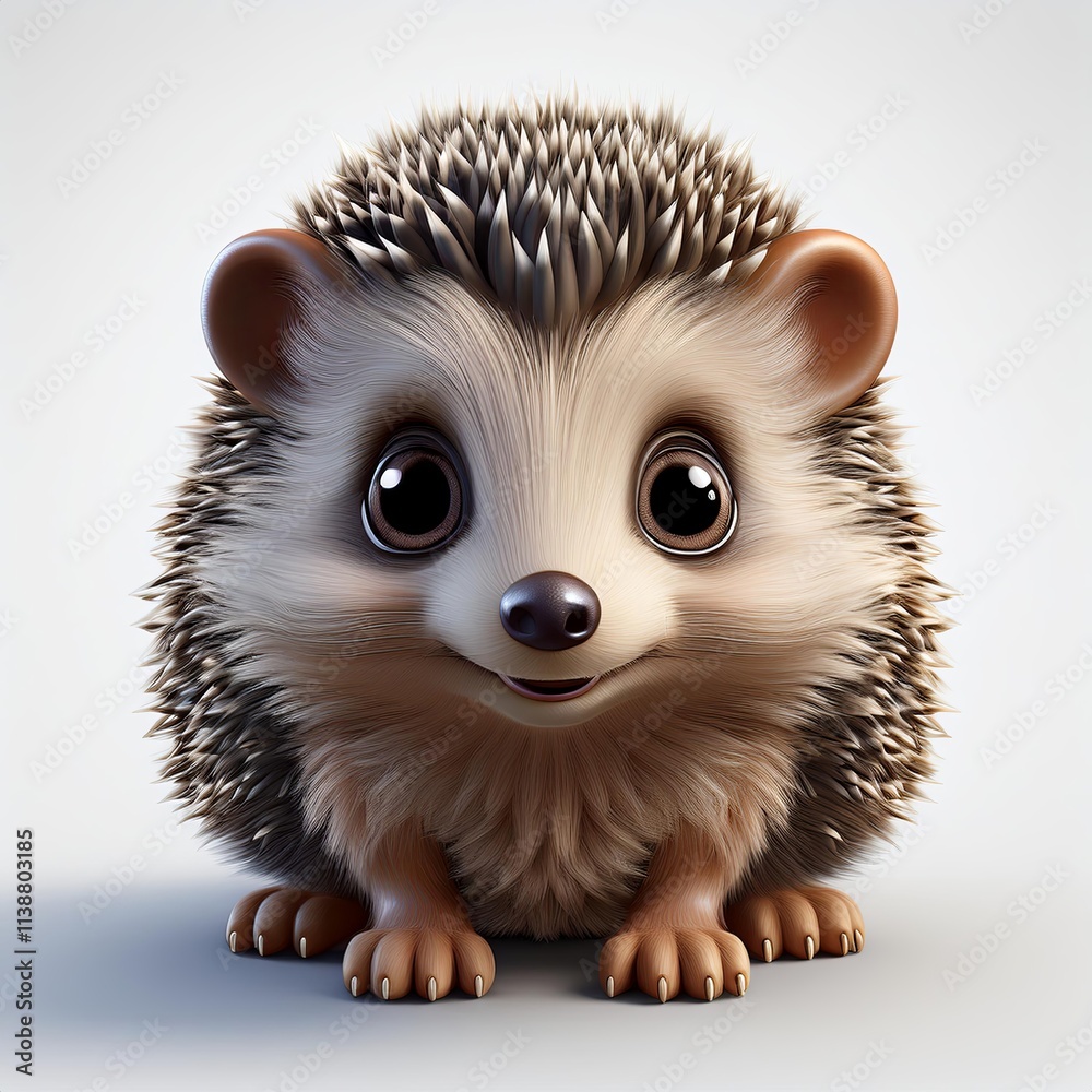 Obraz premium 3D-style baby hedgehog clipart with oversized eyes, tiny paws, and a fluffy spiky coat, isolated on a white background