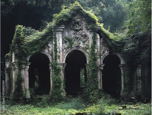 Old overgrown ruins being reclaimed by nature