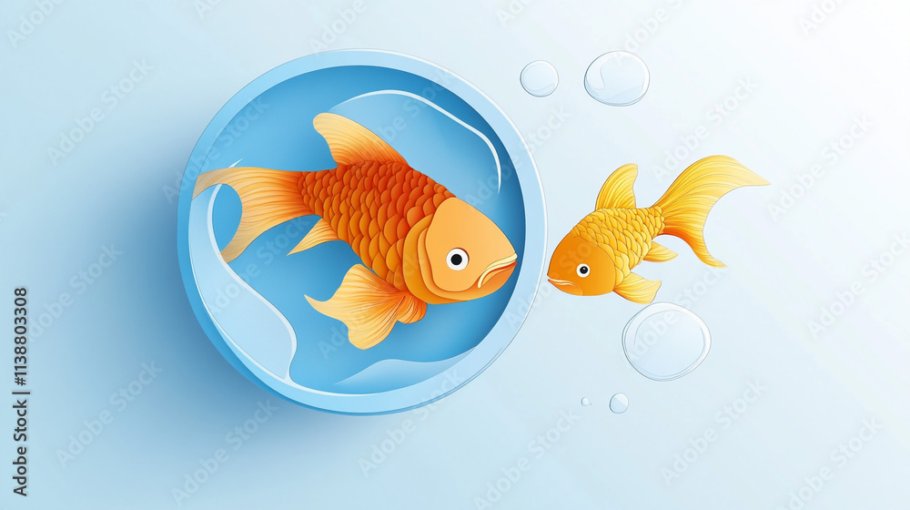 Naklejka premium Two Goldfish One in a Bowl Aquatic Life Underwater Scene Paper Art Style