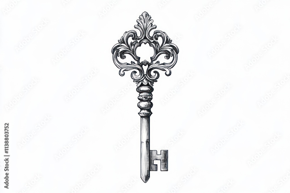 Ornate silver key illustration, isolated on white background. Ornate silver key illustration, isolated on white background.