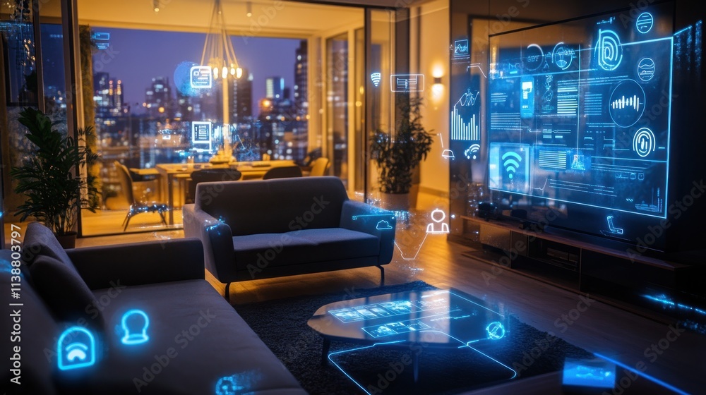 Futuristic living room with glowing tech interfaces, city view. Futuristic living room with glowing tech interfaces, city view.