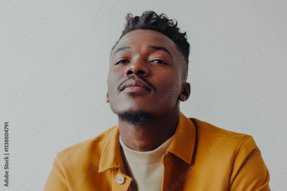 Obraz premium Capturing confidence and charisma of a man in a stylish mustard jacket against a minimalistic backdrop