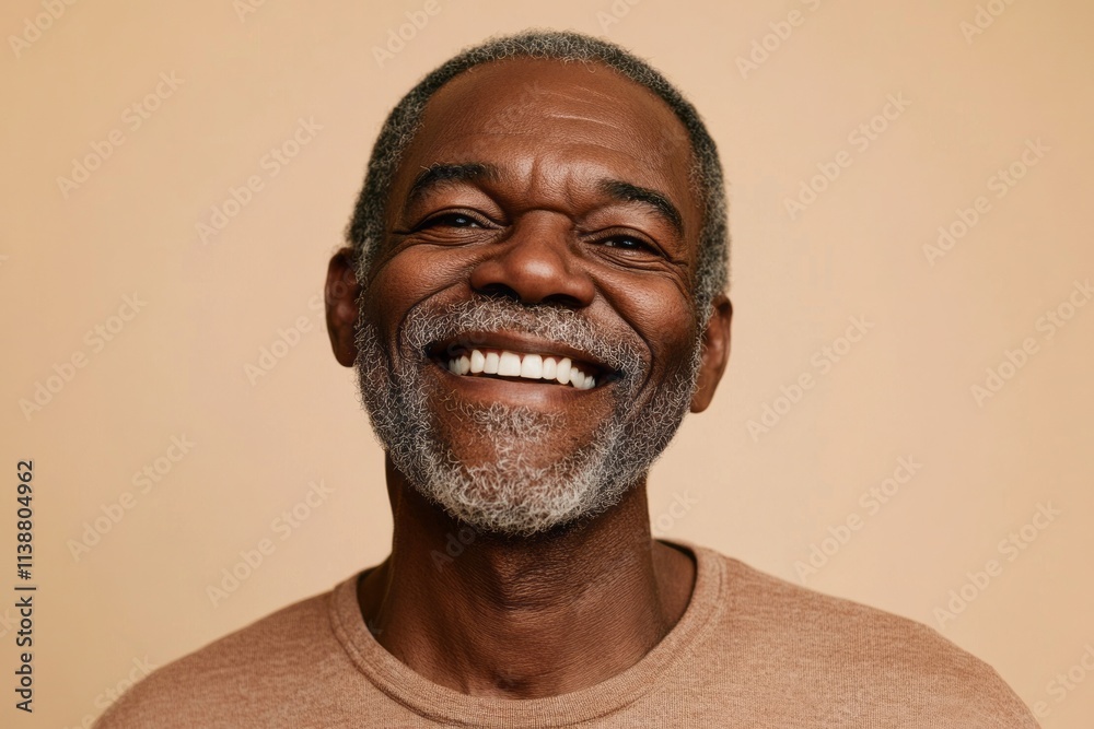 Capturing the warmth of a joyful elder man with a radiant smile and wise demeanor against a soft beige background, embodying a moment of happiness and peace Capturing the warmth of a joyful elder man with a radiant smile and wise demeanor against a soft beige background, embodying a moment of happiness and peace