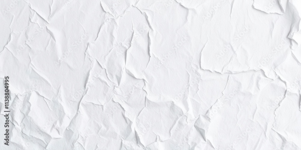 Crumpled white paper sheet with texture, distressed, background, white