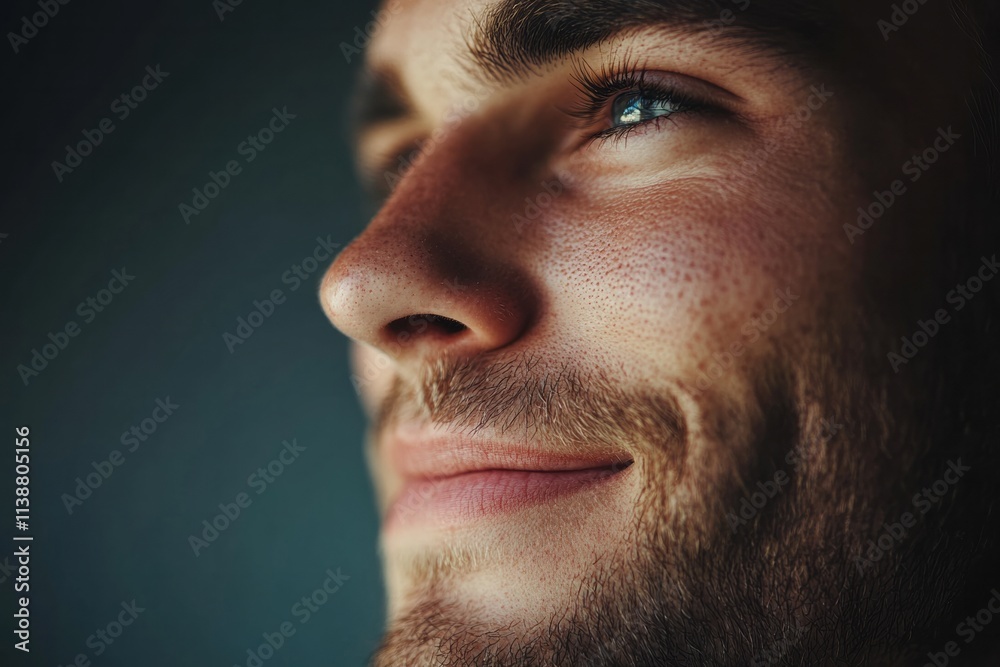 Reflecting on life, a young man gazes upward with a thoughtful smile highlighting hope and introspection in a cozy indoor setting during twilight hours