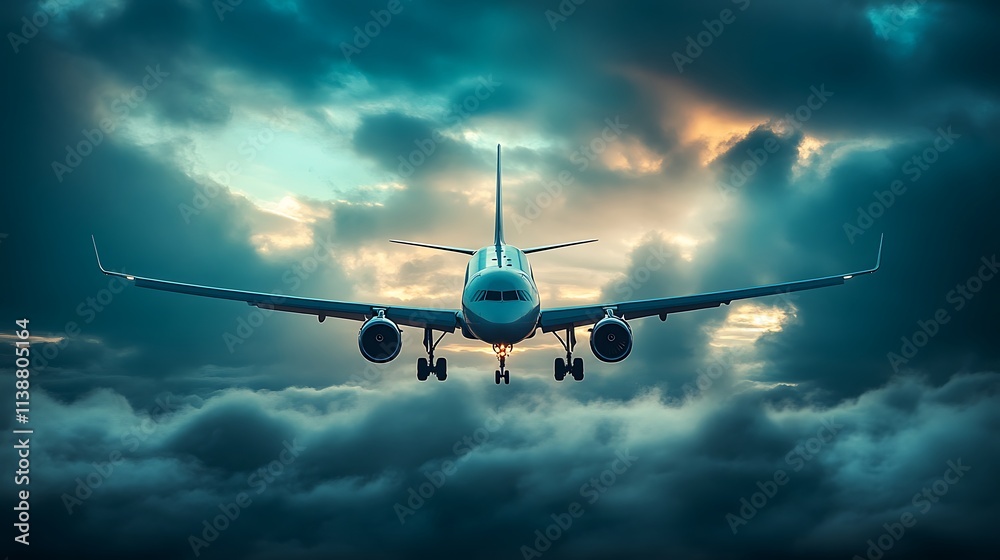 Airplane Landing Through Dramatic Clouds. Concept of Travel, Adventure, and Stormy Weather. Airplane Landing Through Dramatic Clouds. Concept of Travel, Adventure, and Stormy Weather.