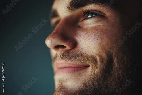 Obraz na płótnie Reflecting on life, a young man gazes upward with a thoughtful smile highlighting hope and introspection in a cozy indoor setting during twilight hours w salonie