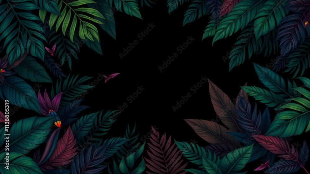 Dark, mysterious pattern featuring exotic leaves in deep shades of green and black, dark, trendy Dark, mysterious pattern featuring exotic leaves in deep shades of green and black, dark, trendy