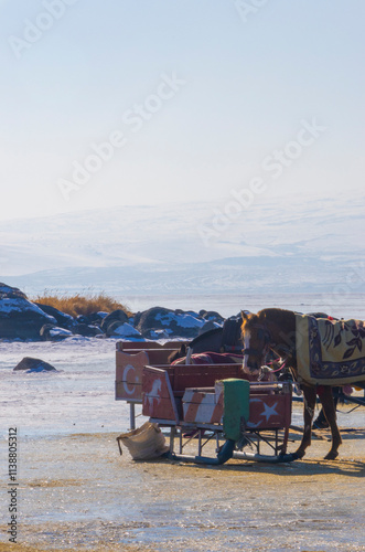 equestrian sleigh and horse in frozen Çıldır Lake