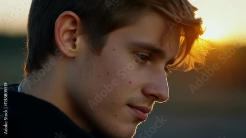 A young man stands outside at sunset, deep in thought as the warm colors of the evening sky illuminate the scene. He appears contemplative, immersed in the tranquility of nature.
