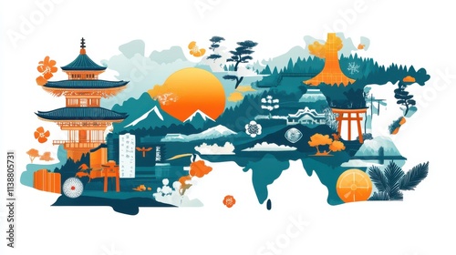 Japan Map with Prefectures and Travel Icons