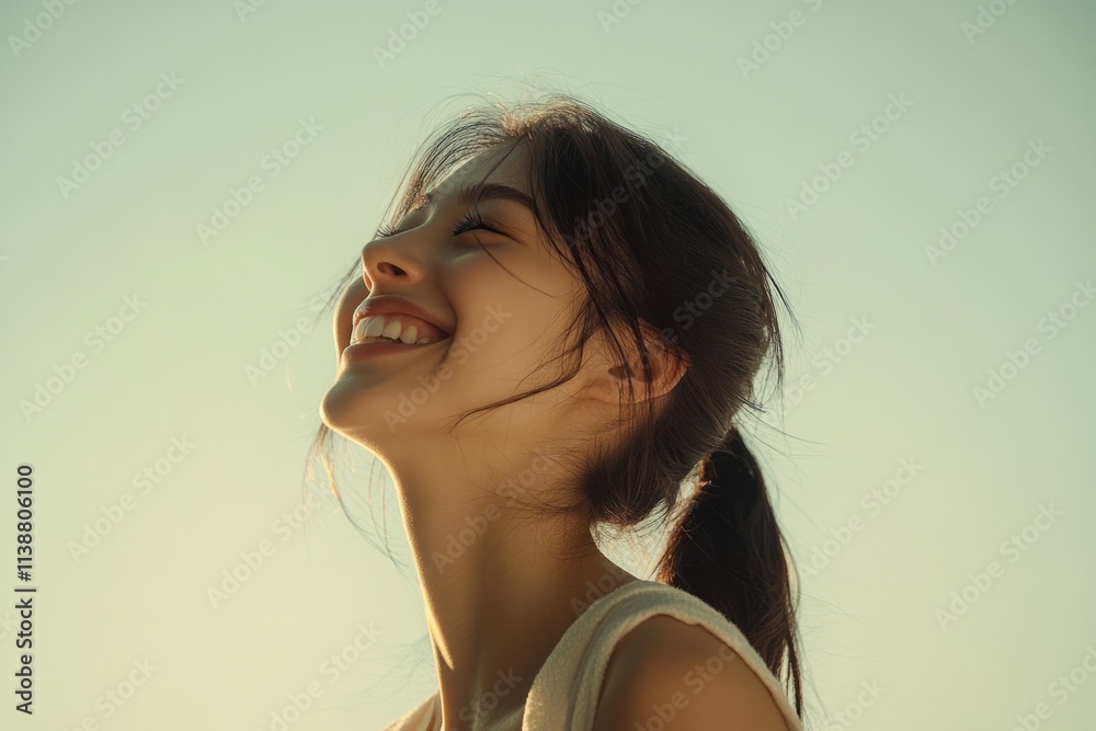 Joyful woman enjoying the sunlight against a clear blue sky, capturing a moment of happiness and serenity during a warm afternoon Joyful woman enjoying the sunlight against a clear blue sky, capturing a moment of happiness and serenity during a warm afternoon