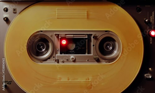Close up of a vintage cassette tape recorder with the tape spinning and the red record light on.