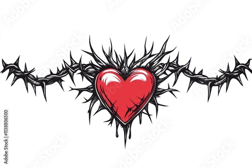 Bleeding red heart pierced by thorns.