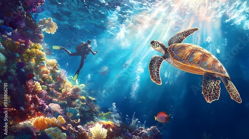 Underwater Scene of a Diver Swimming with a Majestic Turtle Among Vibrant Coral Reef in a Sunlit Ocean Environment