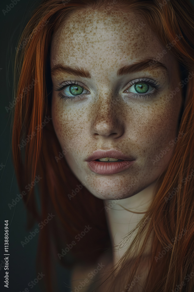 Incredible portrait of a red-haired young woman with blue eyes and a piercing gaze. Perfect for a screensaver or cover, ideal for design or social network posts. Incredible portrait of a red-haired young woman with blue eyes and a piercing gaze. Perfect for a screensaver or cover, ideal for design or social network posts.