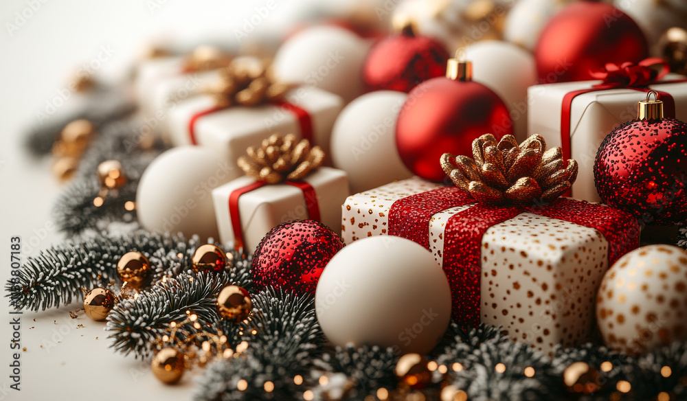 A Christmas tree with many gifts and ornaments on it. The gifts are wrapped in red and white paper A Christmas tree with many gifts and ornaments on it. The gifts are wrapped in red and white paper