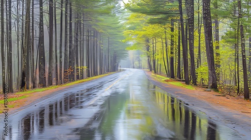 Road in the spring forest in rain. Perfect asphalt mountain road in overcast rainy day. Roadway with reflection and pine trees. Vintage style.  Transportation. Empty highway in foggy woodland. Travel