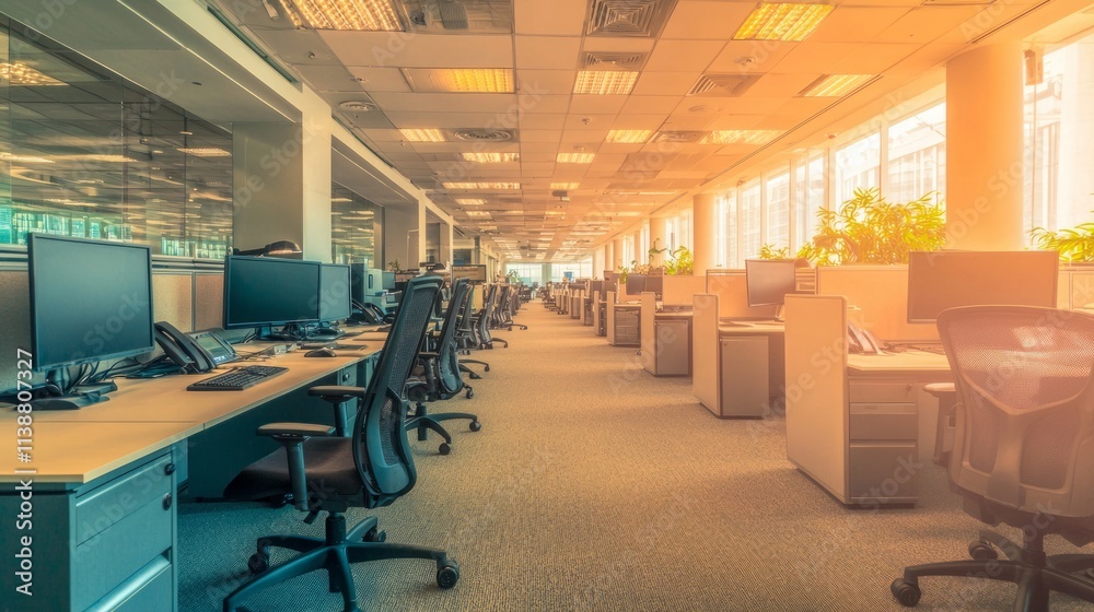 Modern office interior with workstations and natural light. Modern office interior with workstations and natural light.