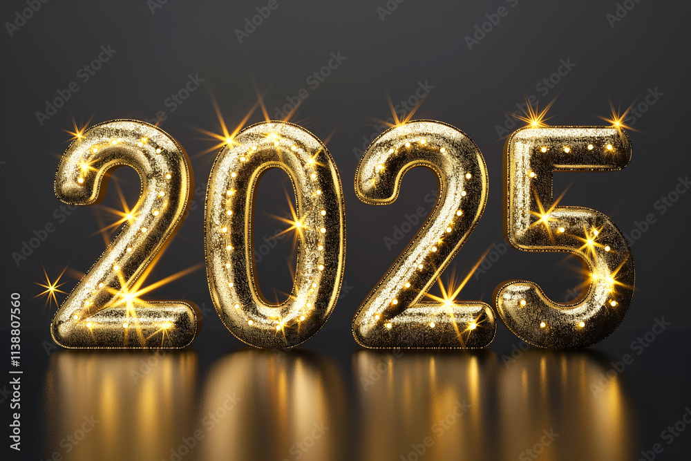 Sparkling golden numbers 2025 reflected on a dark surface symbolize the arrival of the new year Sparkling golden numbers 2025 reflected on a dark surface symbolize the arrival of the new year