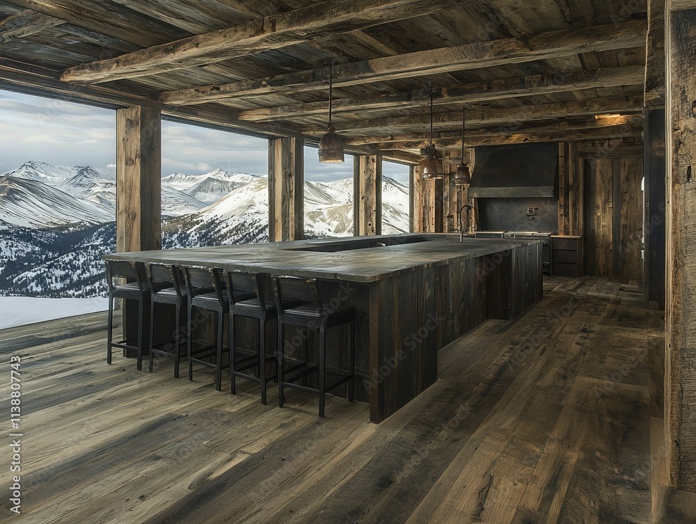 Fototapeta premium Modern rustic kitchen with panoramic mountain views and wooden decor.