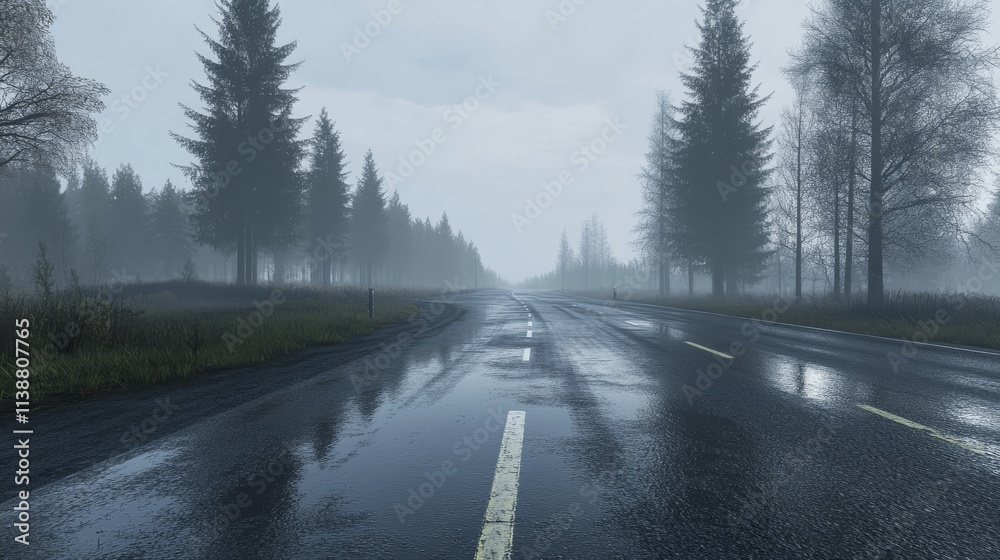 Fototapeta premium Road in the spring forest in rain. Perfect asphalt mountain road in overcast rainy day. Roadway with reflection and pine trees. Vintage style. Transportation. Empty highway in foggy woodland. Travel
