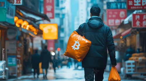 people walking in the city with bitcoin bag photo