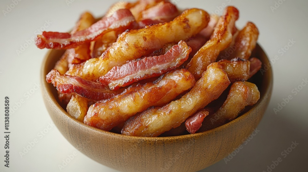Crispy Bacon Strips in a Wooden Bowl with a Soft Neutral Background Perfect for Food Photography and Culinary Creations Crispy Bacon Strips in a Wooden Bowl with a Soft Neutral Background Perfect for Food Photography and Culinary Creations