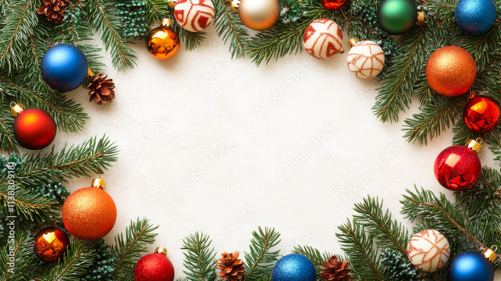 A Christmas tree with many ornaments and a white background. The tree is surrounded by a frame of pine needles A Christmas tree with many ornaments and a white background. The tree is surrounded by a frame of pine needles