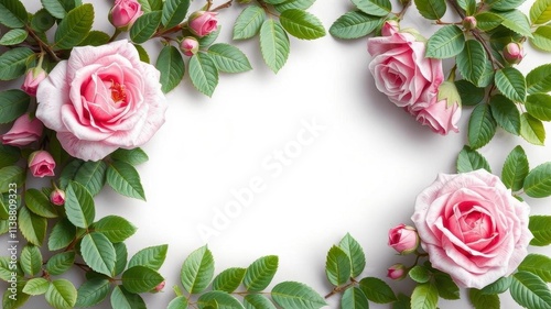 Rose flower and leaves in a delicate frame, background, frame, roses