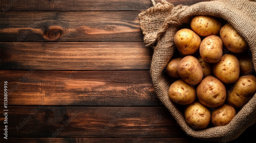 Potatoes in burlap sack on dark wood background. Potatoes in burlap sack on dark wood background.