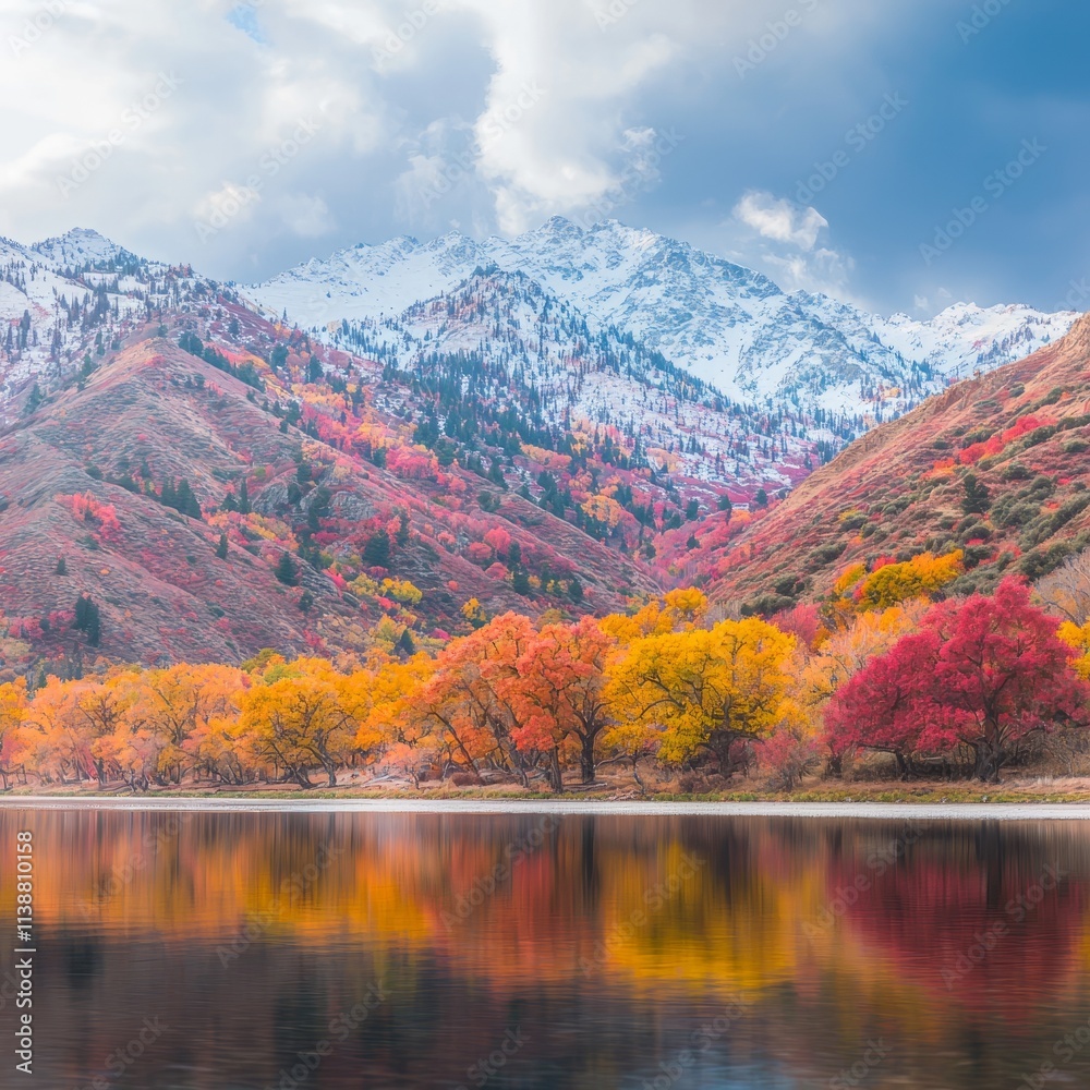 Obraz premium Scenic autumn landscape with colorful trees and snow-capped mountains.