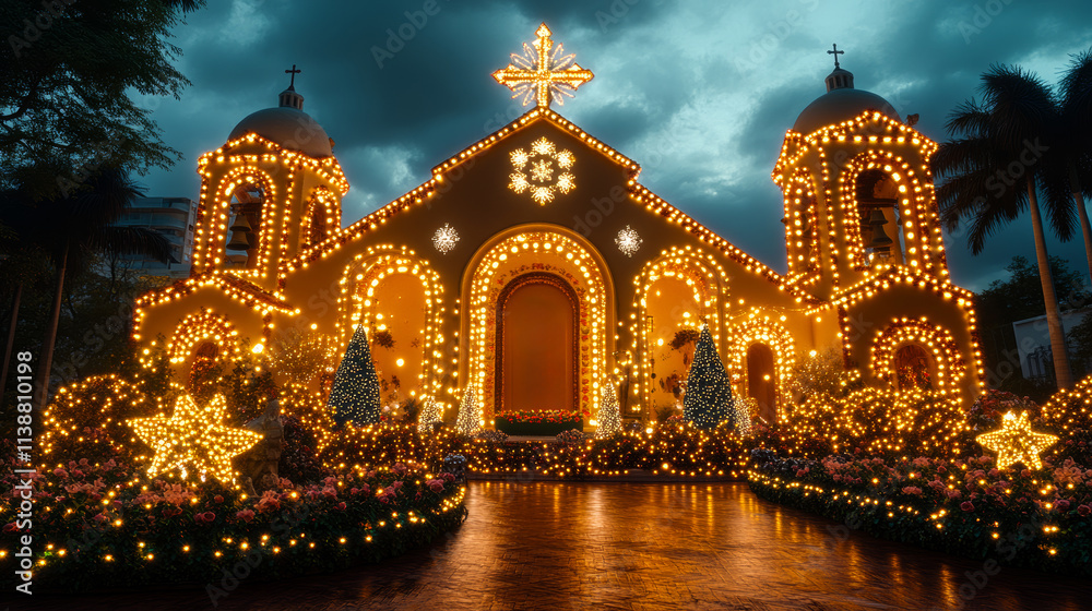 Obraz premium A church is lit up with Christmas lights and a cross on top. The church is surrounded by a garden with many trees and flowers. Scene is festive and joyful