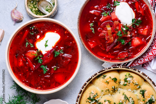 Traditional Ukrainian pampushki with borsch.style rustic photo