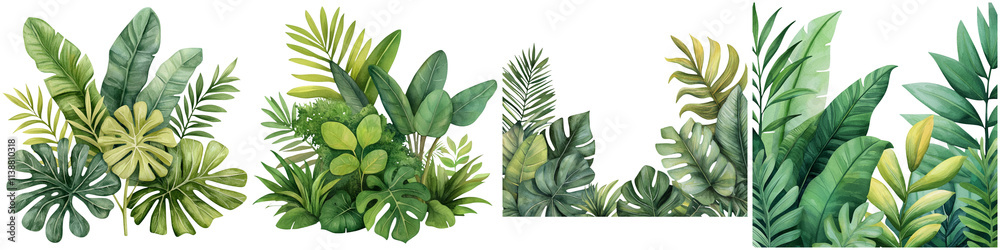 Naklejka premium Path of beginning, start, exploration, A vibrant arrangement of various green leaves and tropical plants showcasing diverse shapes and textures.