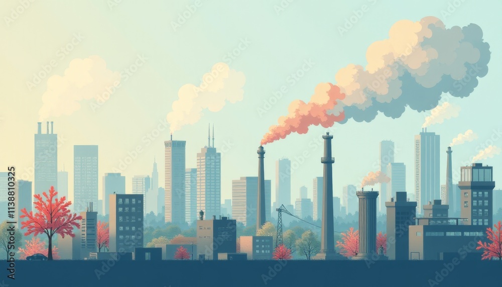 Urban landscape showcases industry and autumn foliage under a serene sky Urban landscape showcases industry and autumn foliage under a serene sky