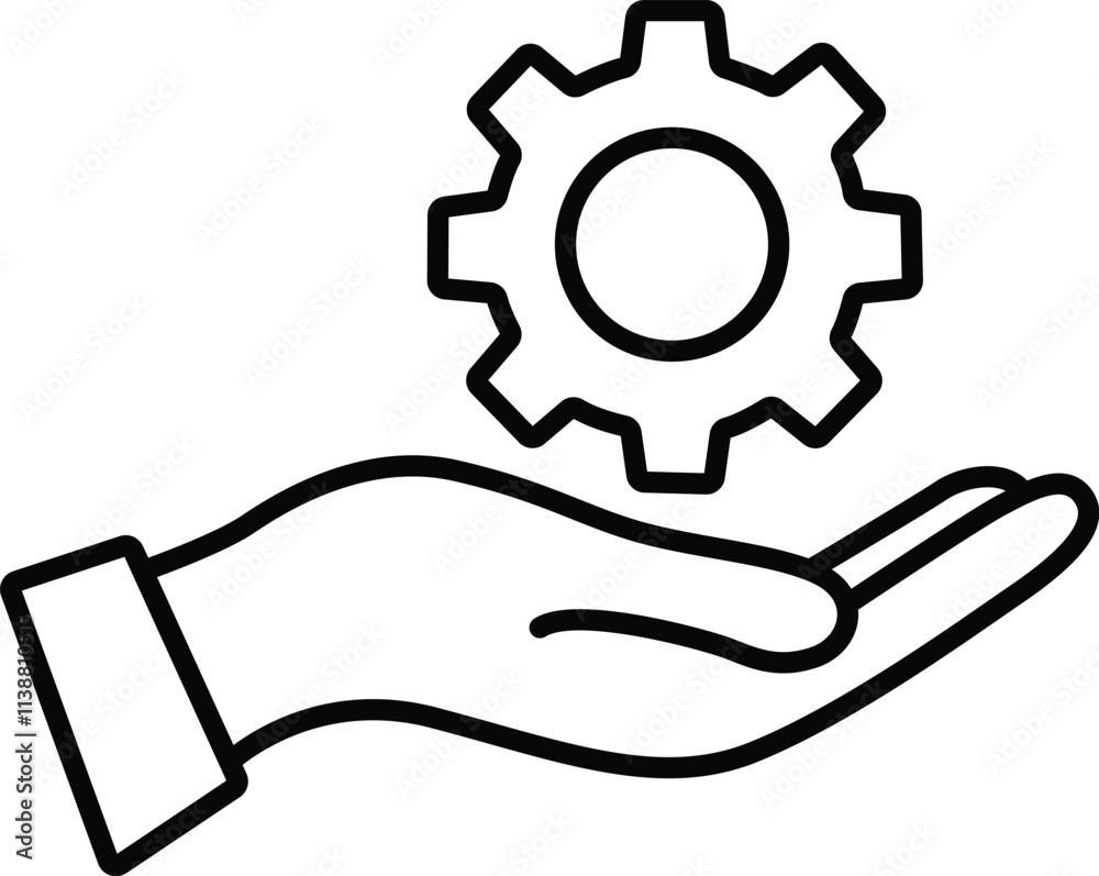 Human Hand and Gear Icon Depicting Customizable Engineering and Simple Operation Process Human Hand and Gear Icon Depicting Customizable Engineering and Simple Operation Process