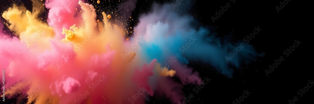 Naklejka premium Vibrant explosion of colored powder against a black backdrop, colorful explosion, bright, explosion of color