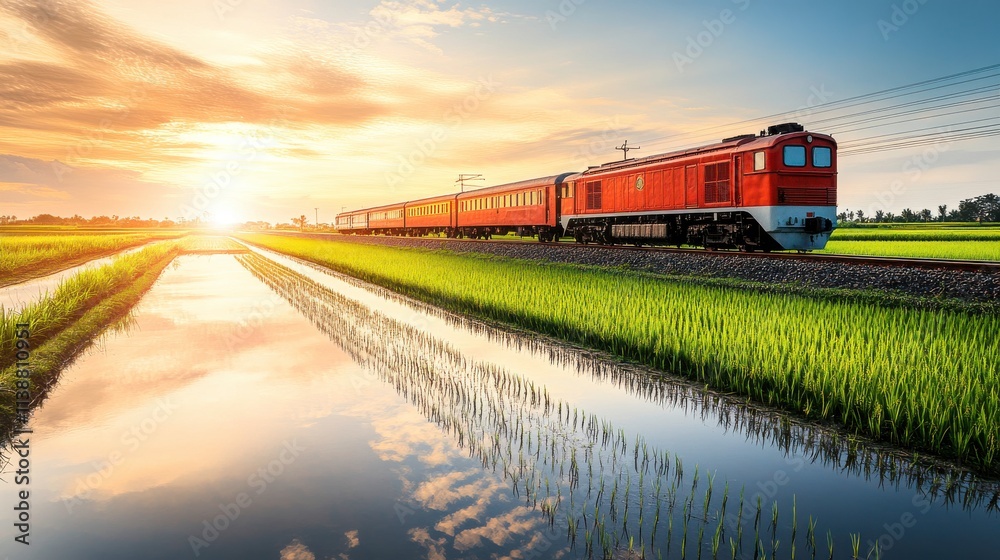 Fototapeta premium Scenic Train Journey Through Rice Paddy Landscape