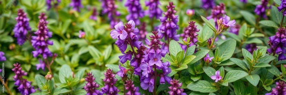 Vibrant purple flower petals and lush leaves found in a garden setting, purple, flora, fresh Vibrant purple flower petals and lush leaves found in a garden setting, purple, flora, fresh