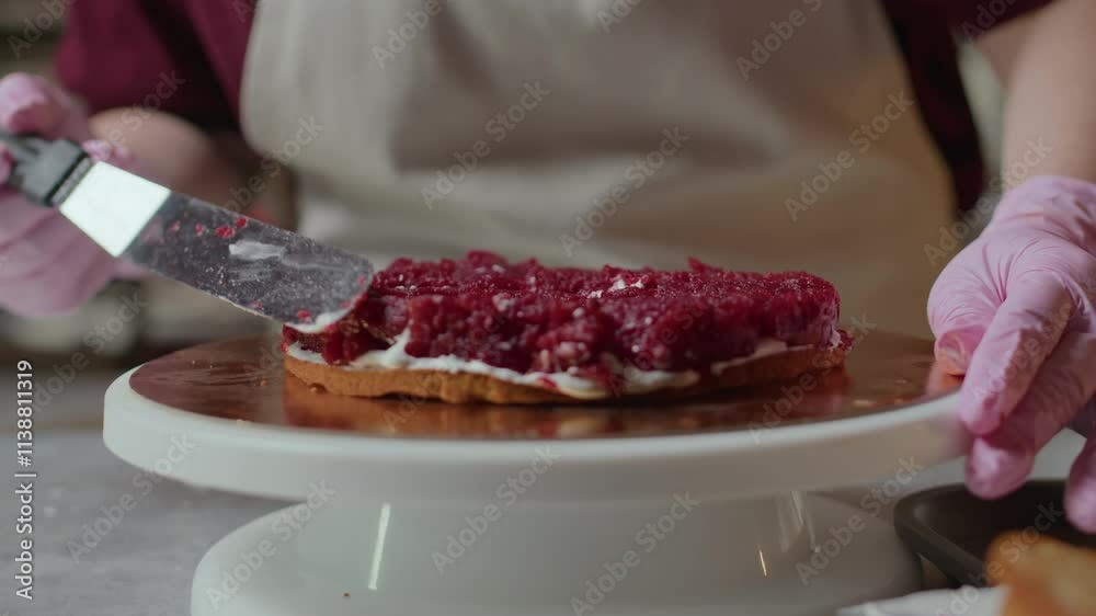 Closeup of unrecognizable female baker in pink gloves carefully spreading rich raspberry filling onto cake layer placed on rotating stand with spatula while creating dessert masterpiece in kitchen Closeup of unrecognizable female baker in pink gloves carefully spreading rich raspberry filling onto cake layer placed on rotating stand with spatula while creating dessert masterpiece in kitchen