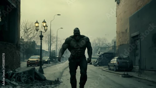 A hulking zombie with a missing jaw walks down a deserted street lined with flickering, broken street lamps, casting long shadows in the eerie post-apocalyptic setting