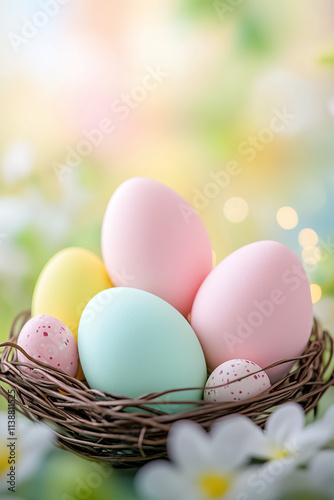 Vibrant pastel eggs in a nest create a cheerful easter atmosphere, adorned with delicate flowers in the background photo