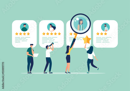 Recruitment hiring process to choose candidate to fit job position, HR Human Resources recruiting people fill in vacancy concept, business people HR with magnifier to choose choose candidate resume