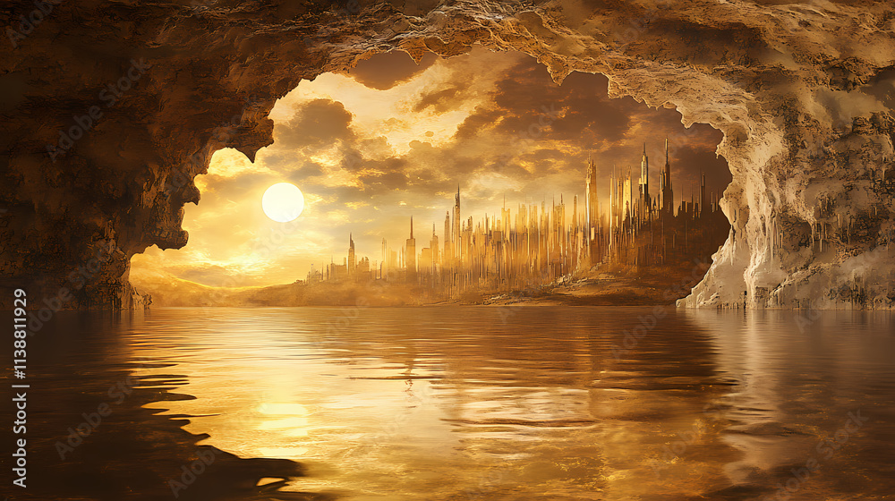 Naklejka premium A cavernous landscape with an ethereal city in the distance, illuminated by a golden light reflecting on the tranquil water. Cavernous. Illustration