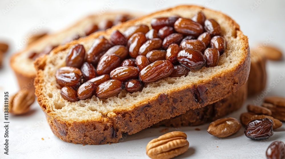 Delicious slices of bread topped with glossy raisins and scattered pecans on a light surface, showcasing mouth-watering details of a healthy snack option for any occasion Delicious slices of bread topped with glossy raisins and scattered pecans on a light surface, showcasing mouth-watering details of a healthy snack option for any occasion