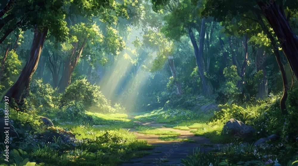 Fototapeta premium Sunlight through green trees in a serene forest, a peaceful scene of natures beauty