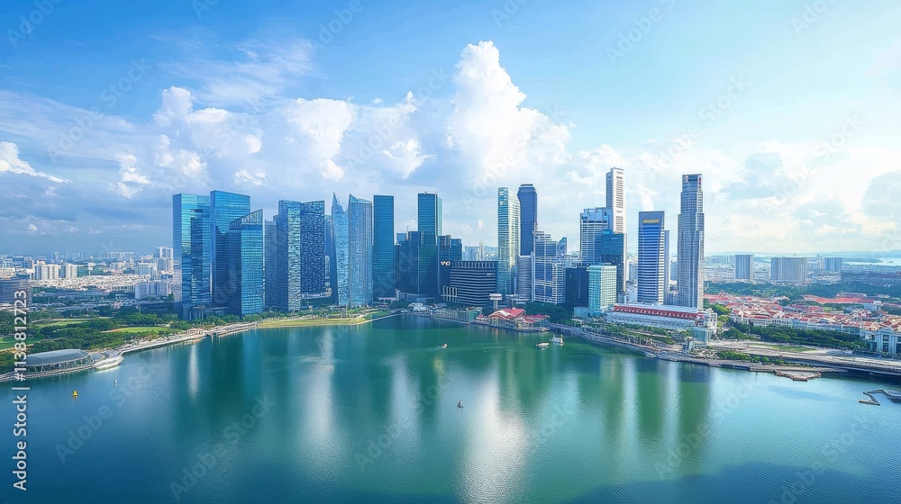 Fototapeta premium Smart city digital transformation development concept. Band lights over modern urban cityscape at night. New fast internet communication 5G technology. Fiber Optics