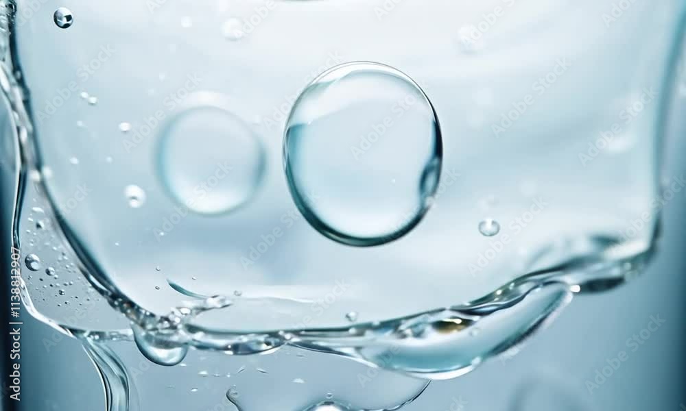 Closeup of water droplets and bubbles against a light blue background. Closeup of water droplets and bubbles against a light blue background.